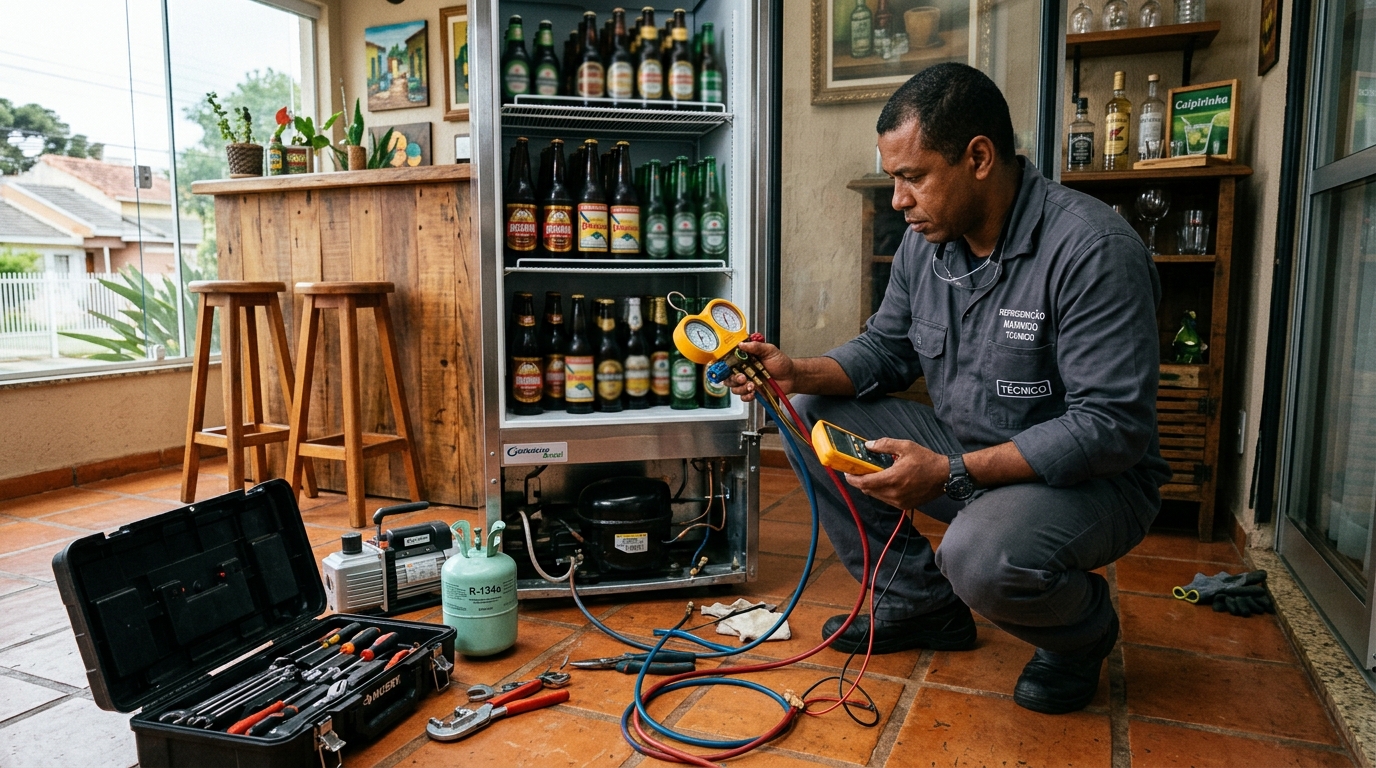 Profissional executando reparo no motor de cervejeira no Japiim, Manaus‑AM