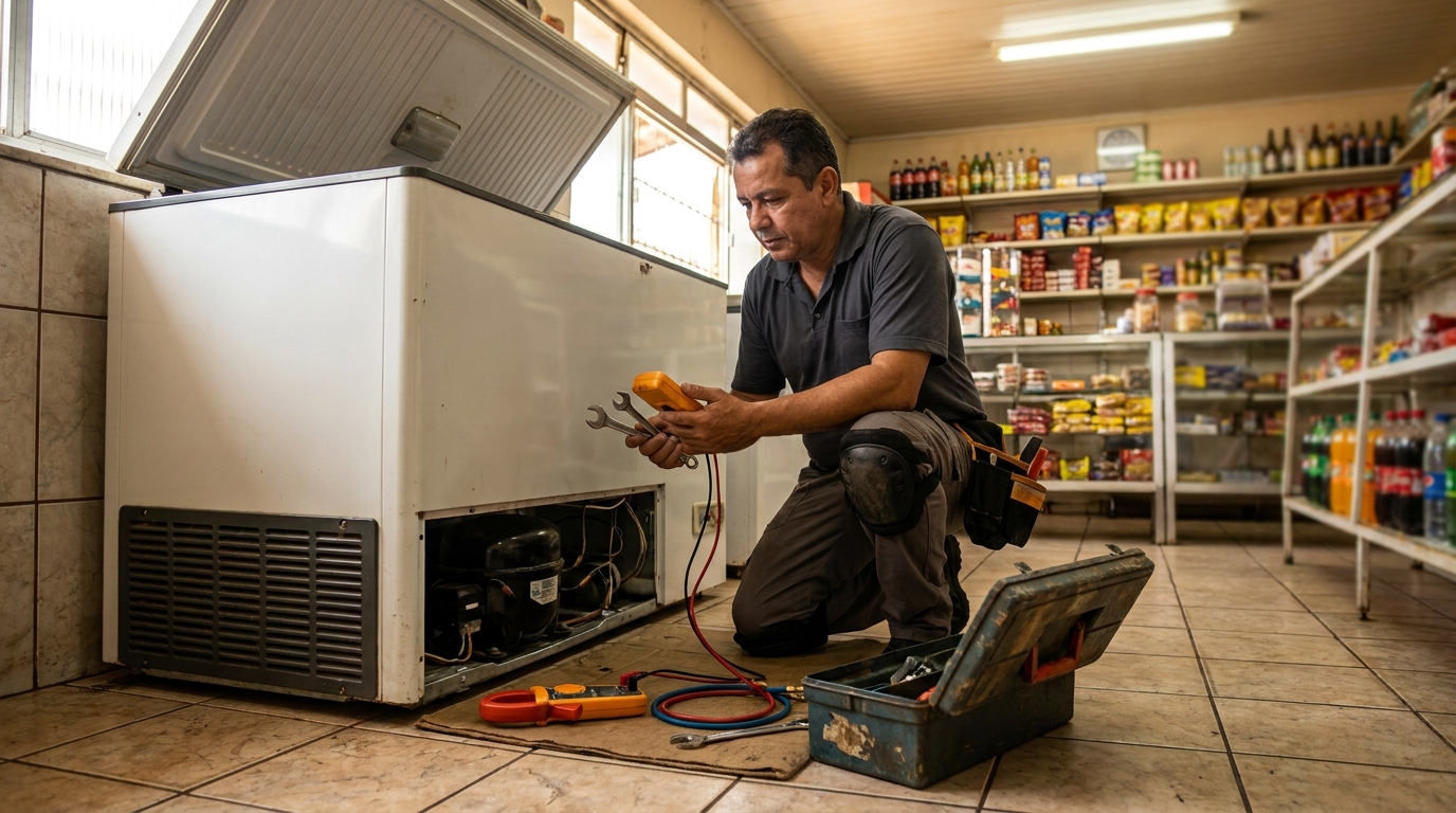 Profissional executando manutenção no motor de freezer em Compensa, Manaus‑AM
