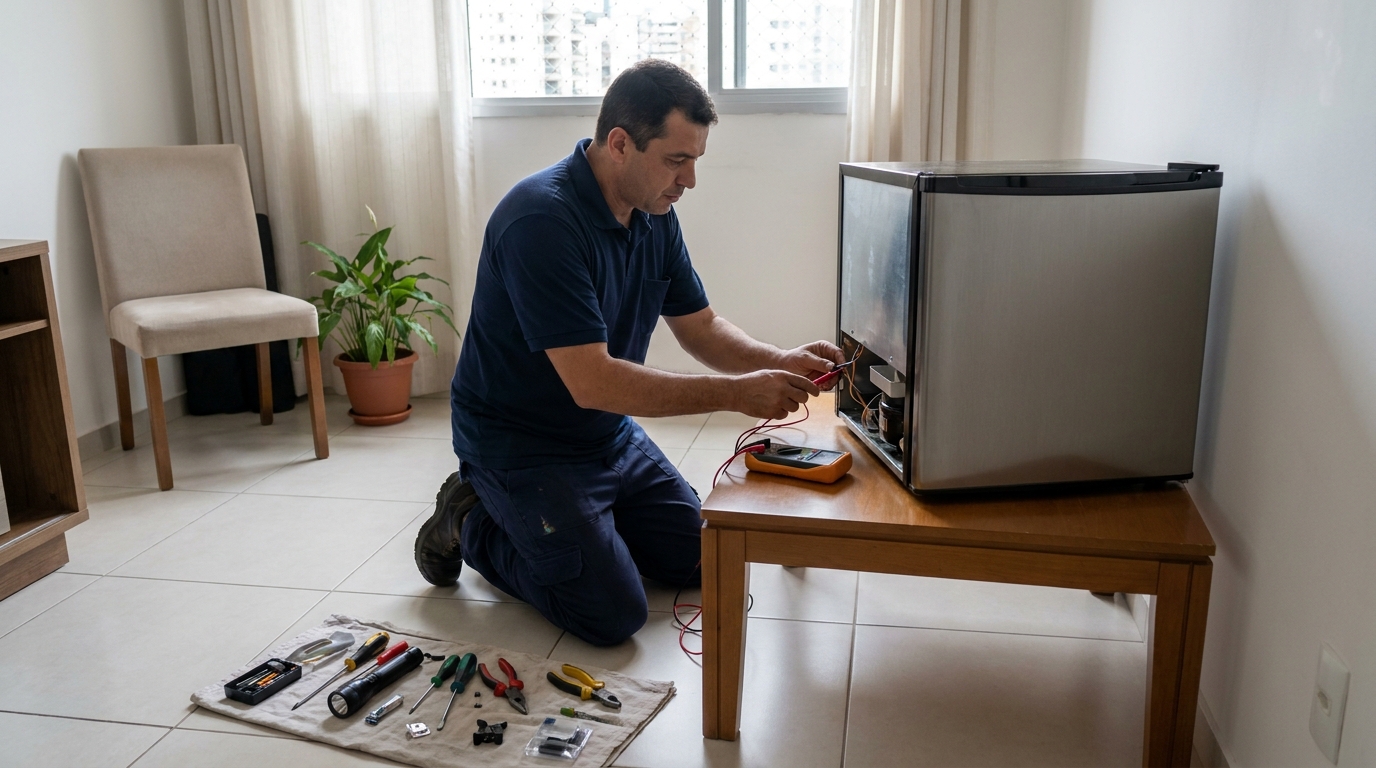 Técnico fazendo manutenção do motor de frigobar em Adrianópolis, Manaus‑AM