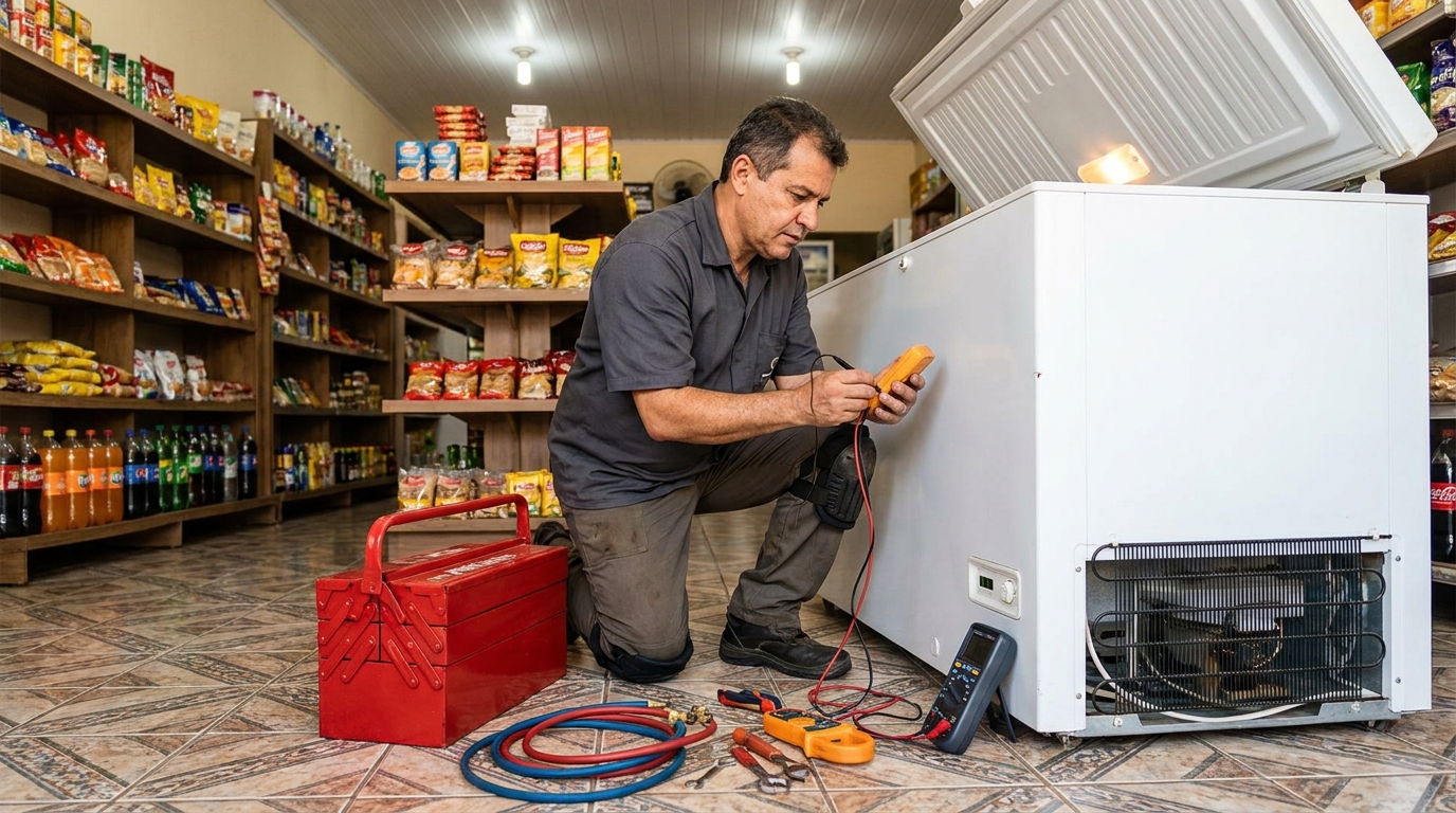 Recarga de gás refrigerante no freezer durante atendimento em Compensa, Manaus‑AM