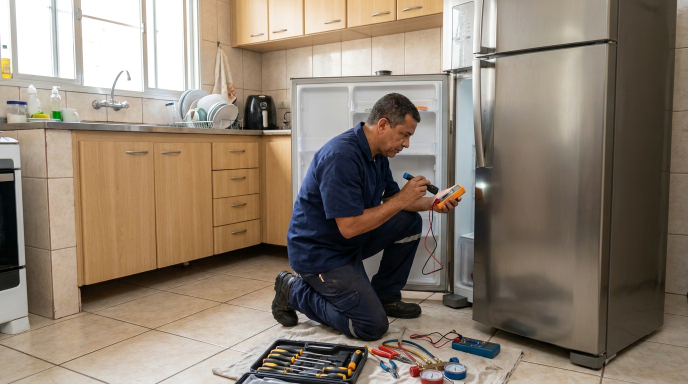 Técnico aplicando recarga de gás refrigerante em geladeira em Aleixo, Manaus‑AM