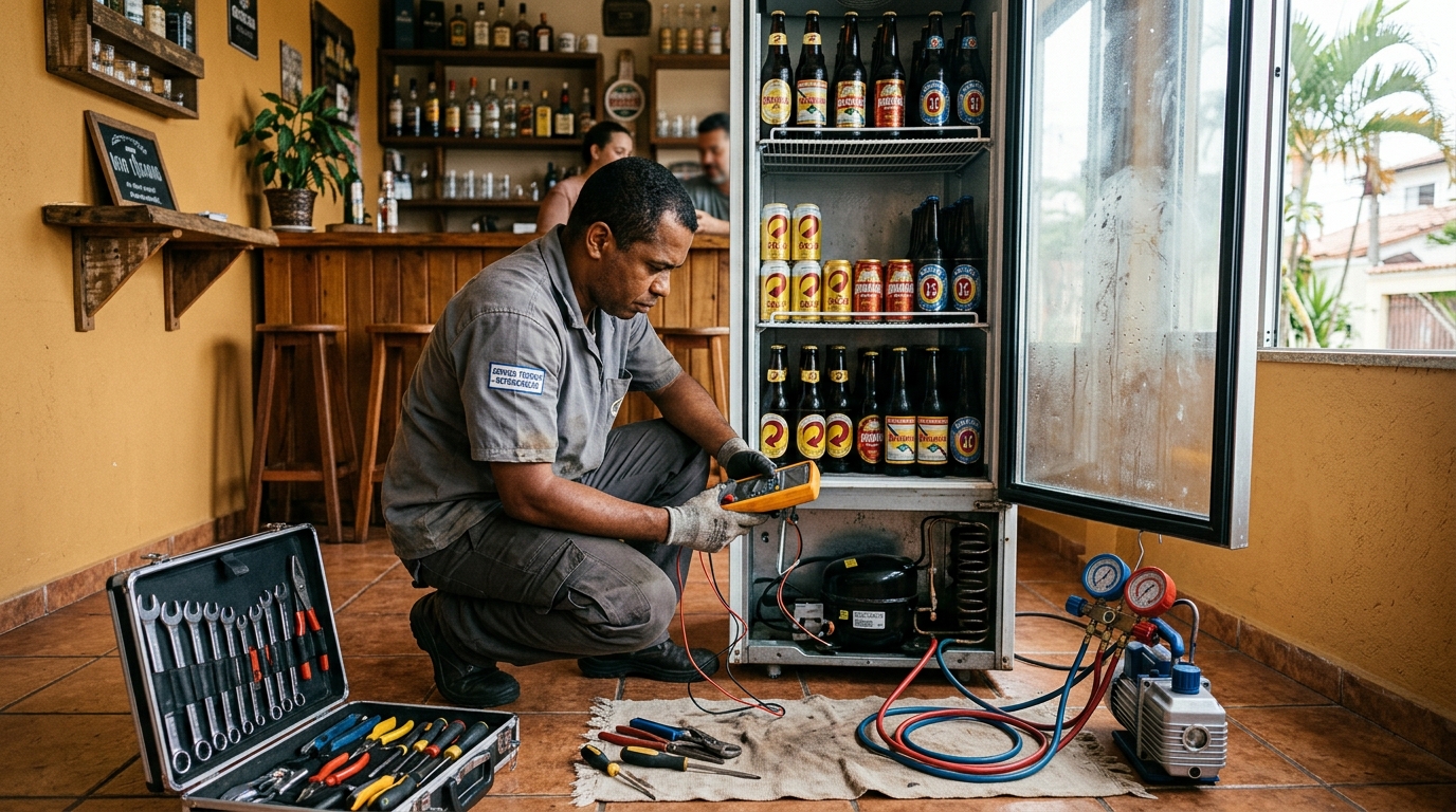 Substituição de termostato de cervejeira em serviço técnico no Japiim, Manaus‑AM