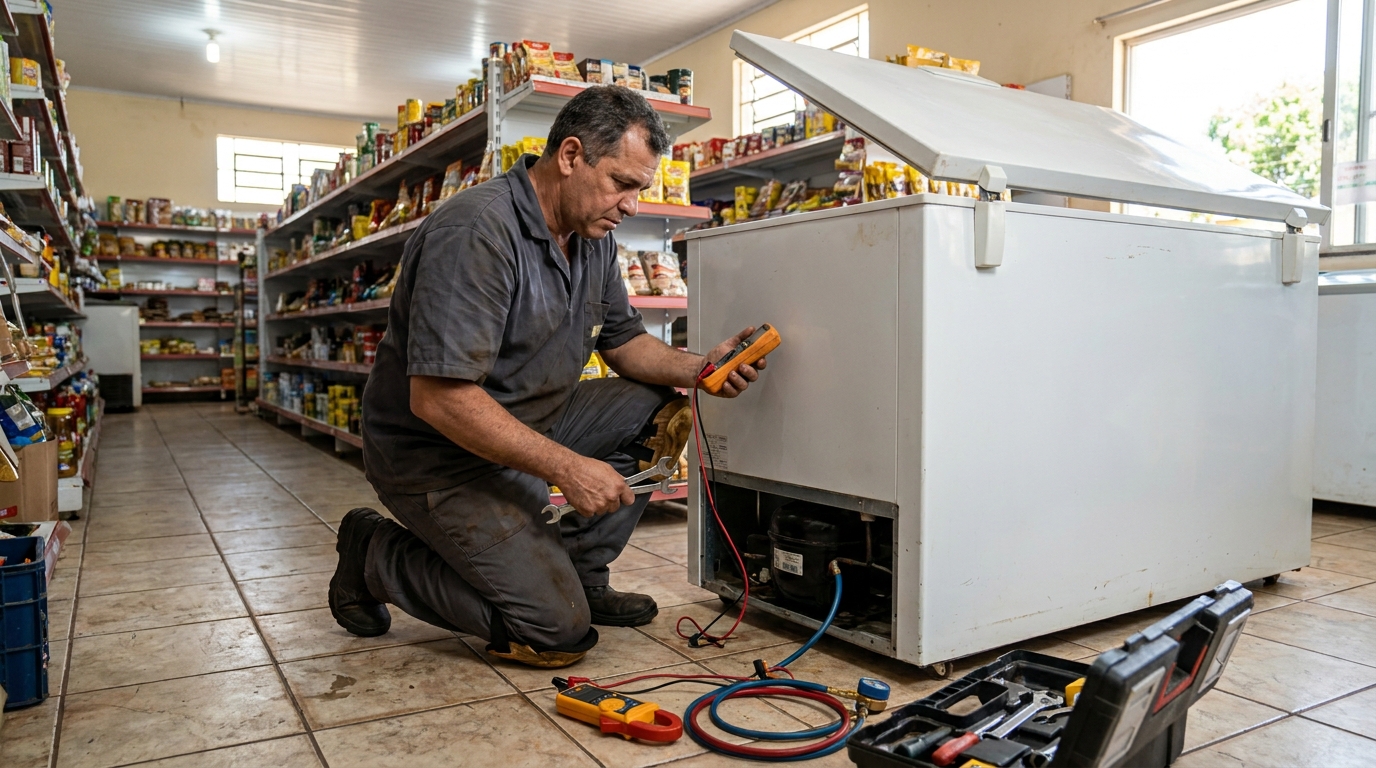 Substituição de termostato de freezer em visita técnica em Compensa, Manaus‑AM